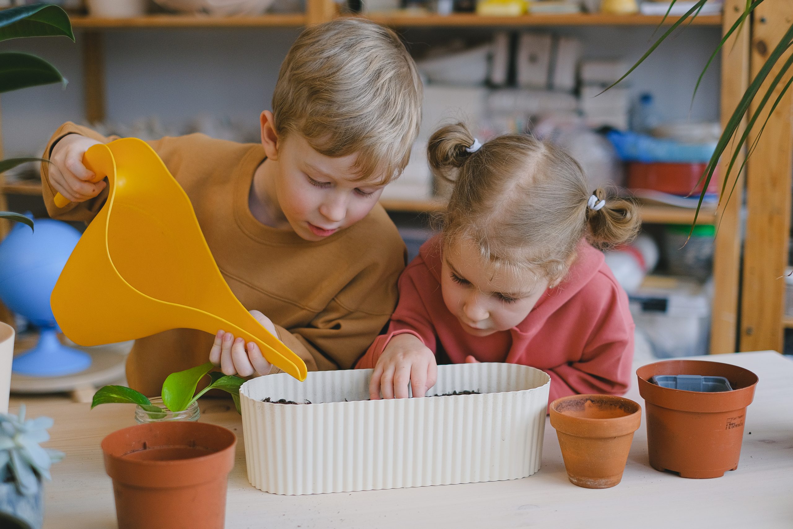 pexels photo 11286045 11286045 Two children planting seeds in pots indoors, learning about gardening and nature.