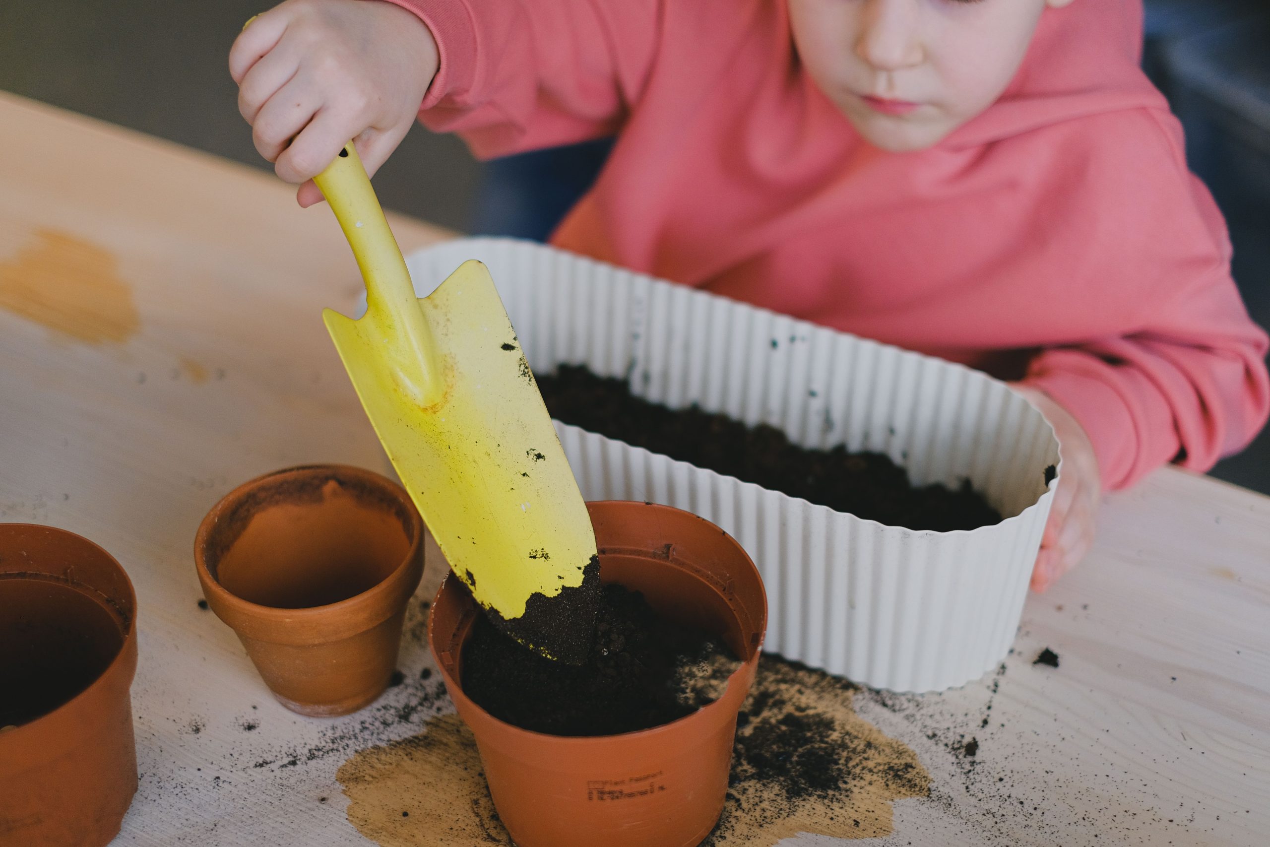 pexels photo 11286060 11286060 Young child engaged in planting using clay pots and soil, learning gardening basics.